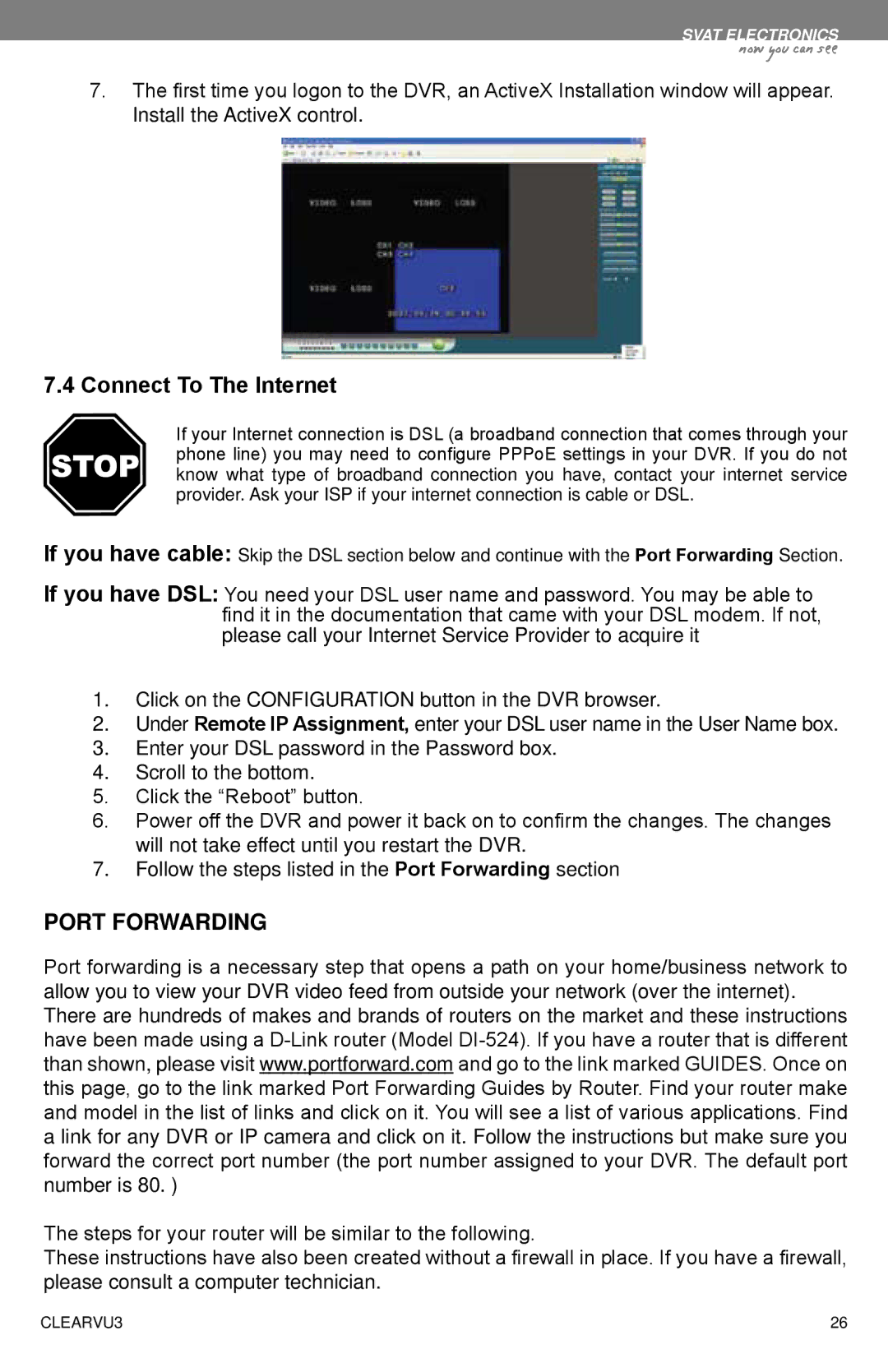 SVAT Electronics CLEARVU3 instruction manual Connect To The Internet, Port Forwarding 