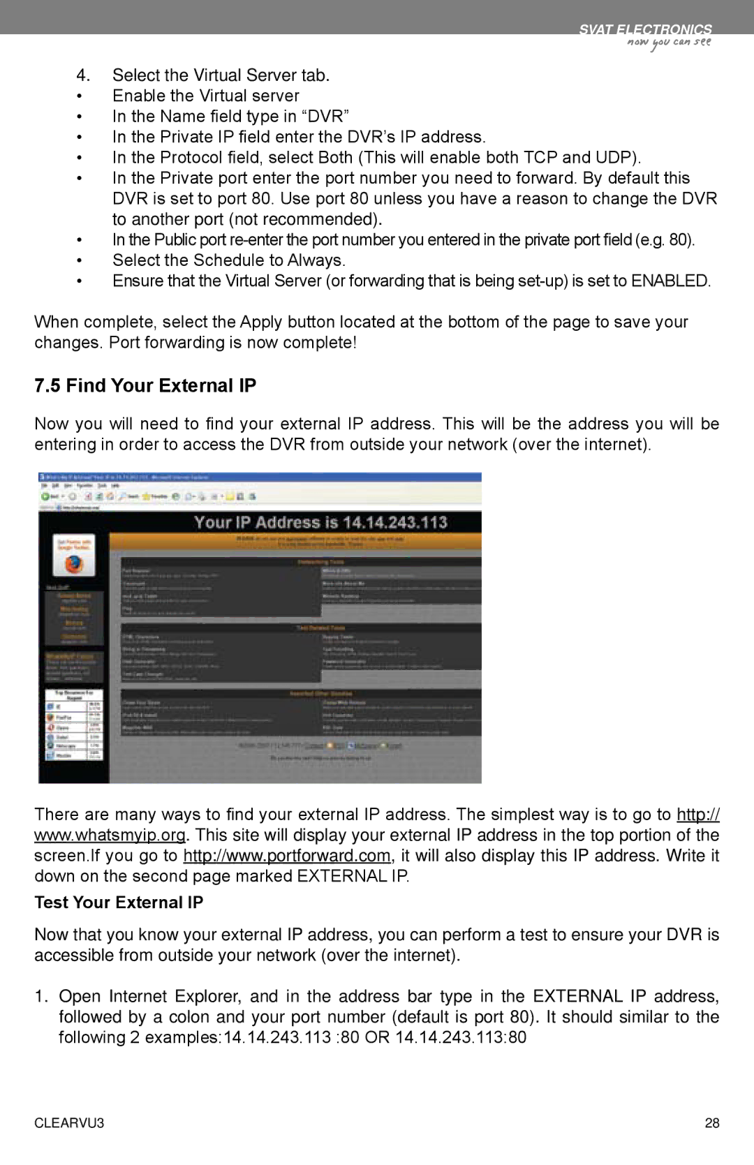 SVAT Electronics CLEARVU3 instruction manual Find Your External IP, Test Your External IP 