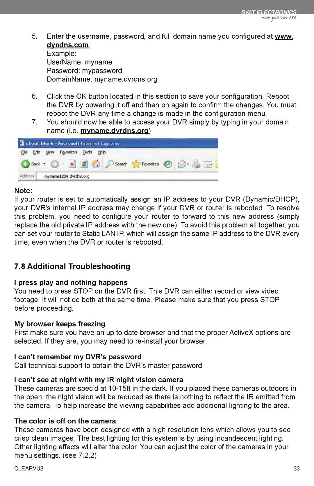 SVAT Electronics CLEARVU3 instruction manual Additional Troubleshooting 