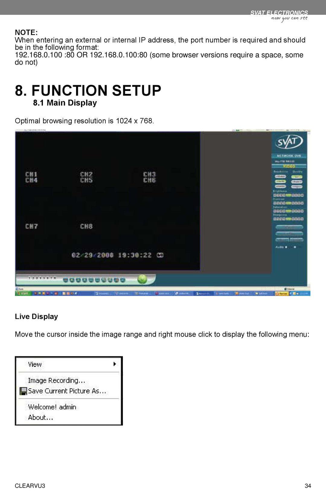 SVAT Electronics CLEARVU3 instruction manual Function Setup, Main Display, Live Display 