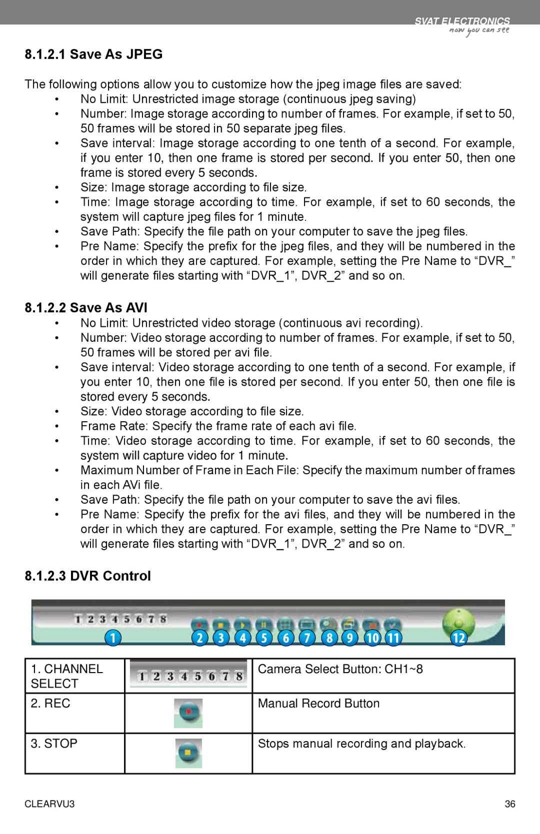 SVAT Electronics CLEARVU3 instruction manual Save As Jpeg, Save As AVI, DVR Control 