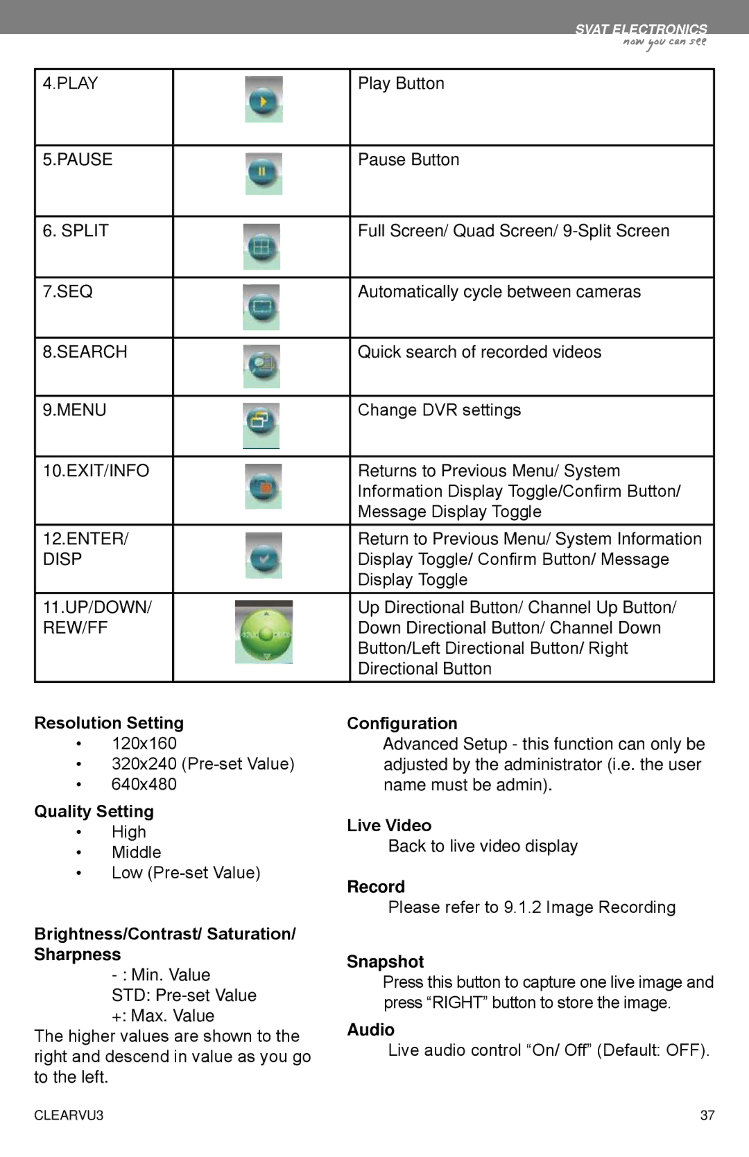 SVAT Electronics CLEARVU3 Resolution Setting, Quality Setting, Brightness/Contrast/ Saturation Sharpness, Configuration 