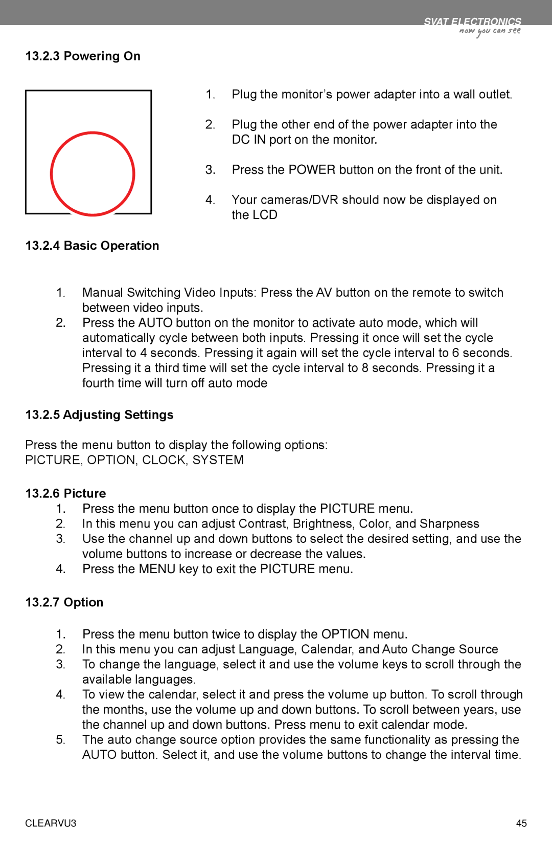 SVAT Electronics CLEARVU3 instruction manual Powering On, Basic Operation, Adjusting Settings, Picture, Option 