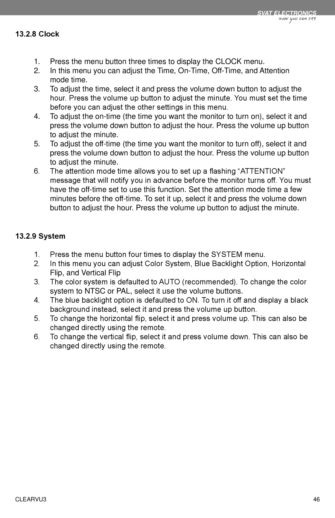 SVAT Electronics CLEARVU3 instruction manual Clock, System 