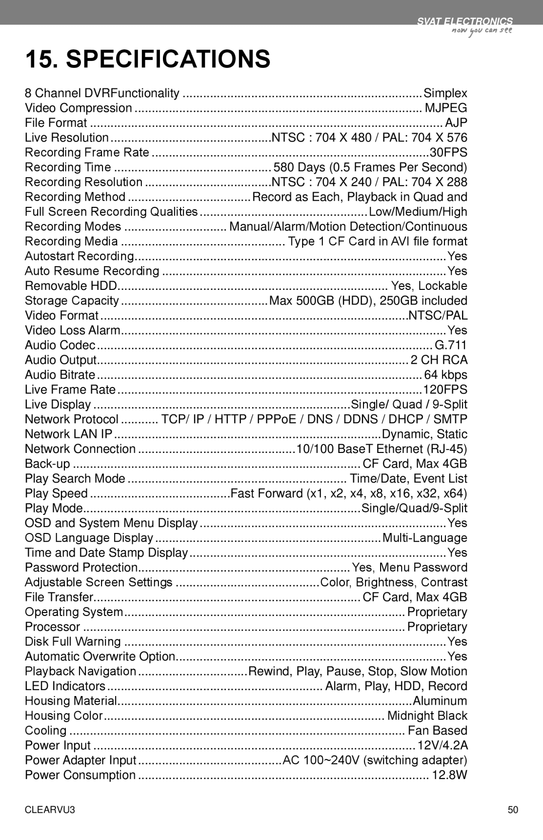 SVAT Electronics CLEARVU3 instruction manual Specifications 