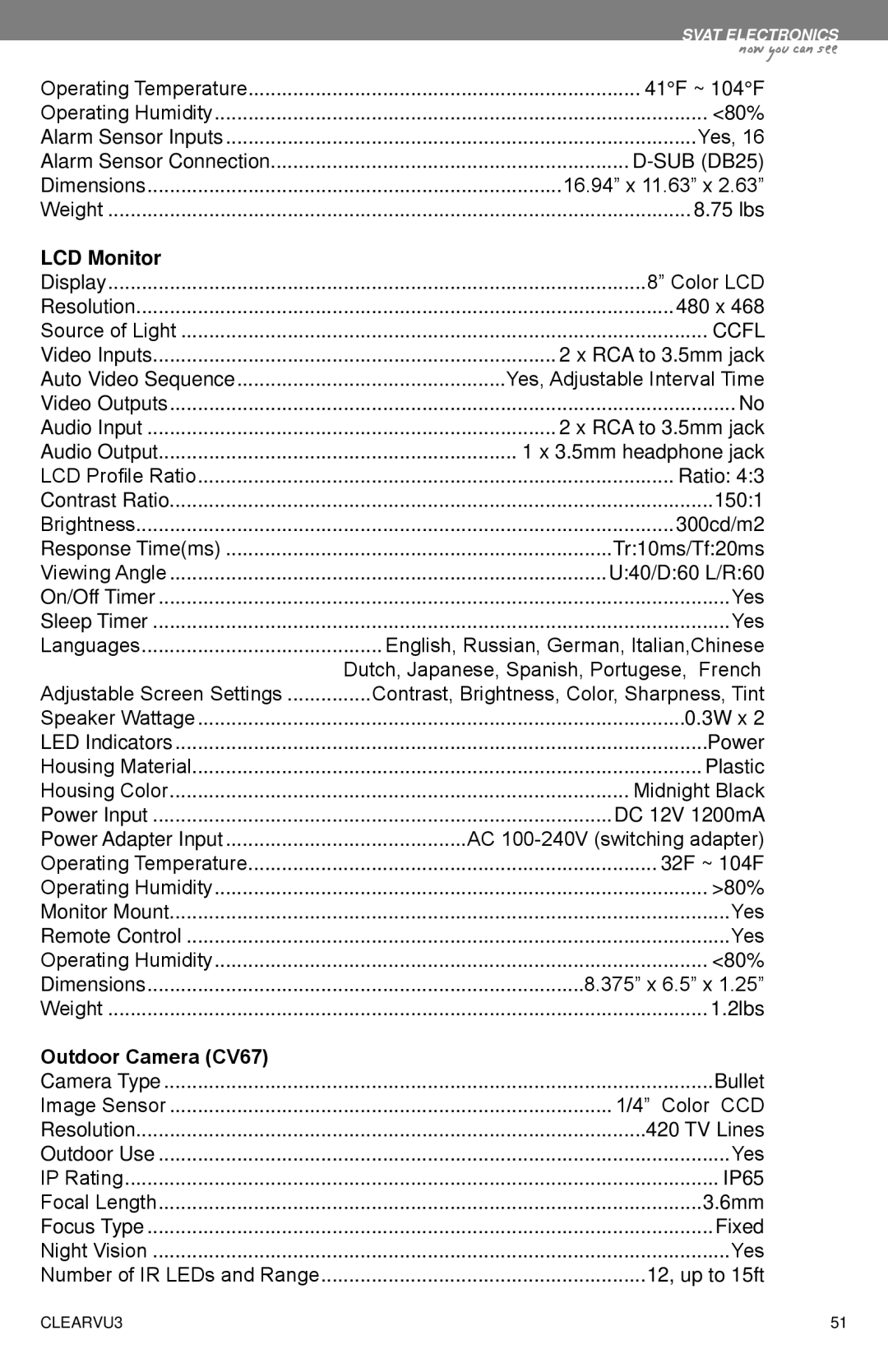 SVAT Electronics CLEARVU3 instruction manual LCD Monitor, Ccfl, Outdoor Camera CV67 