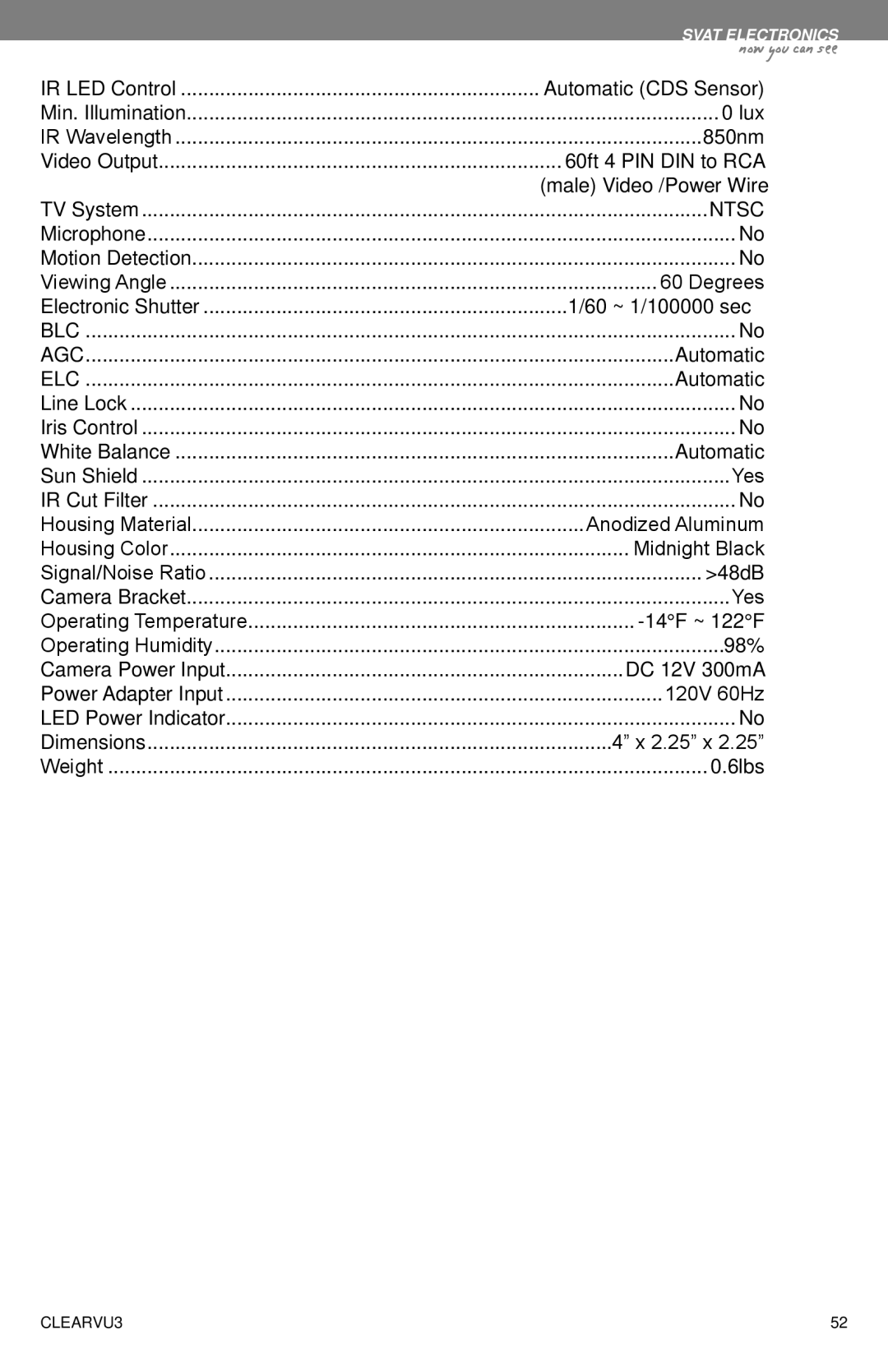 SVAT Electronics CLEARVU3 instruction manual Ntsc 