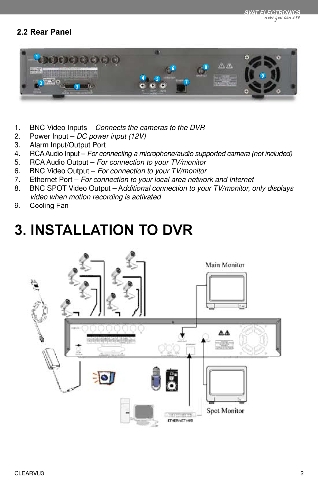 SVAT Electronics CLEARVU3 instruction manual Installation to DVR, Rear Panel 