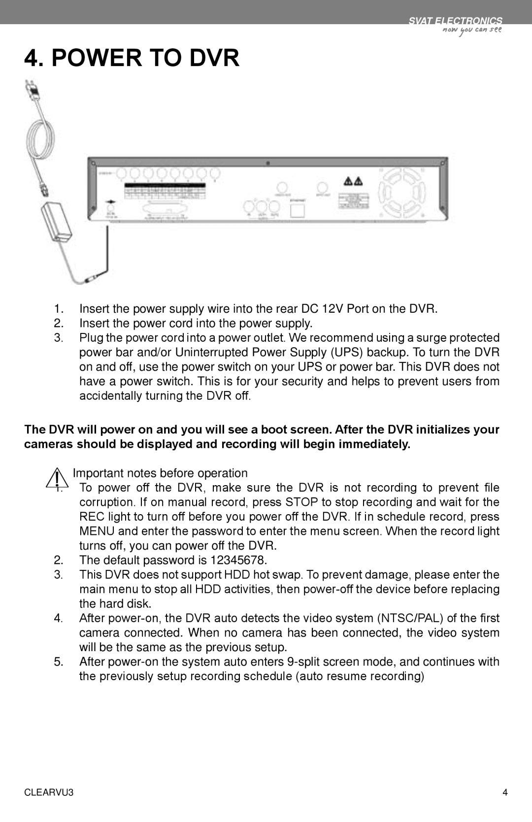 SVAT Electronics CLEARVU3 instruction manual Power to DVR 