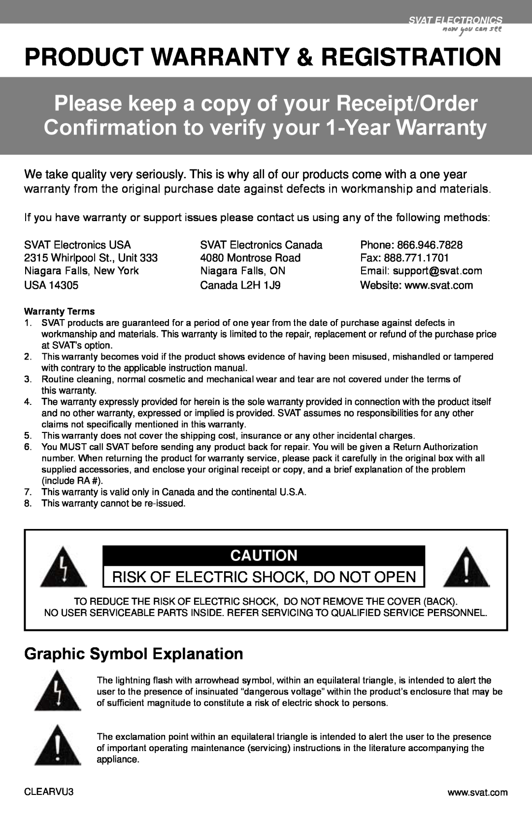 SVAT Electronics CLEARVU3 Product Warranty & Registration, Graphic Symbol Explanation, Risk Of Electric Shock, Do Not Open 