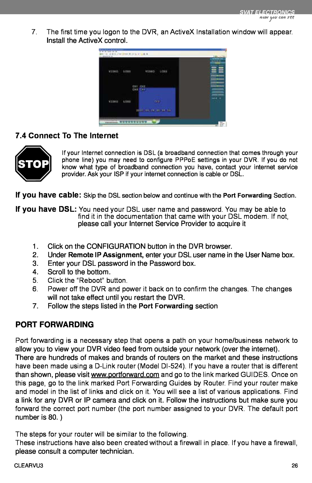 SVAT Electronics CLEARVU3 instruction manual Connect To The Internet, Port Forwarding, now you can see 
