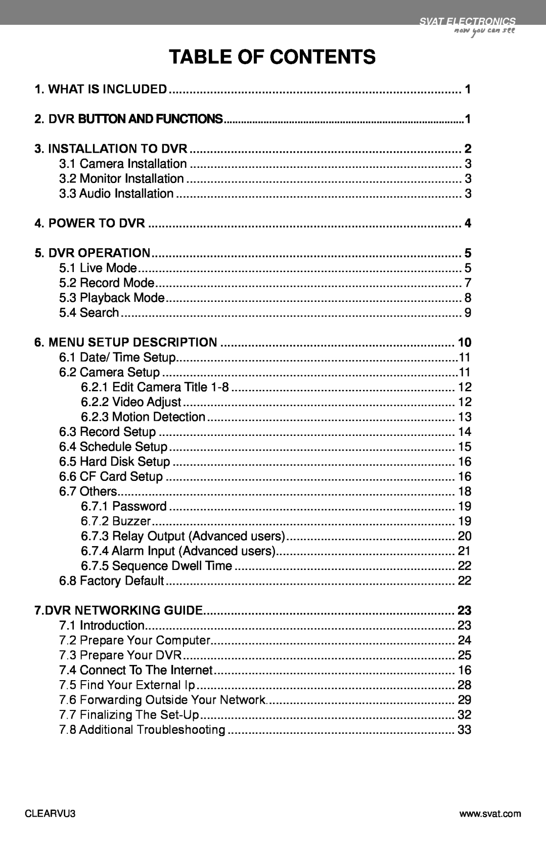 SVAT Electronics CLEARVU3 instruction manual Dvr Networking Guide, Table Of Contents, now you can see 