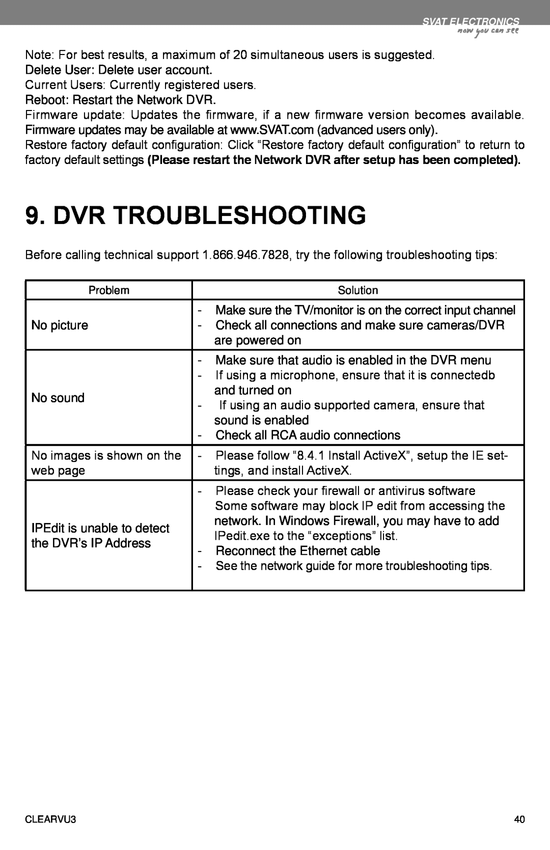 SVAT Electronics CLEARVU3 instruction manual Dvr Troubleshooting, now you can see 
