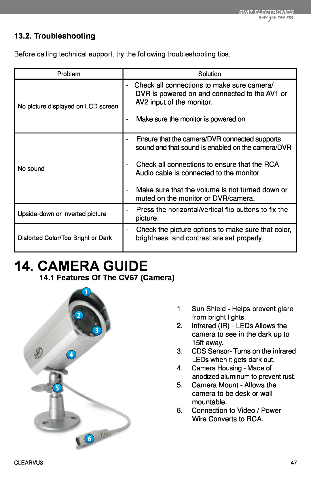 SVAT Electronics CLEARVU3 Camera Guide, Troubleshooting, 14.1Features Of The CV67 Camera, now you can see 