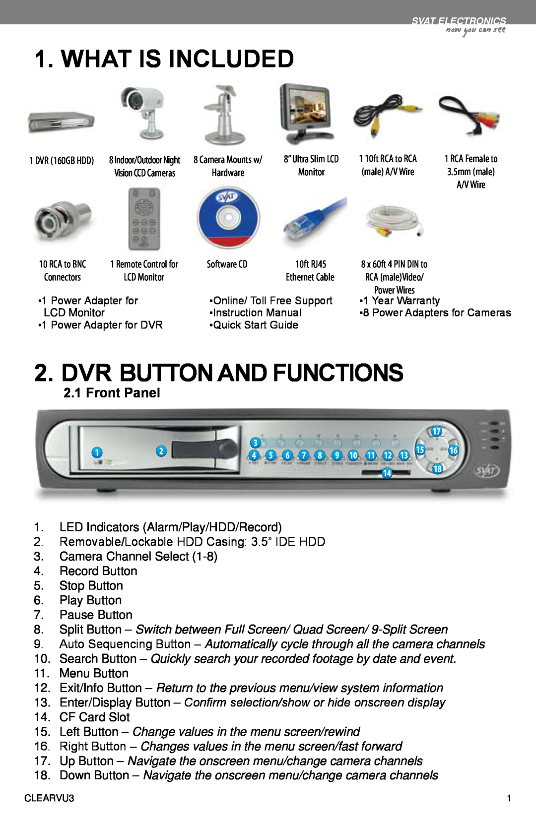 SVAT Electronics CLEARVU3 instruction manual What Is Included, Dvr Button And Functions, 2.1Front Panel, now you can see 