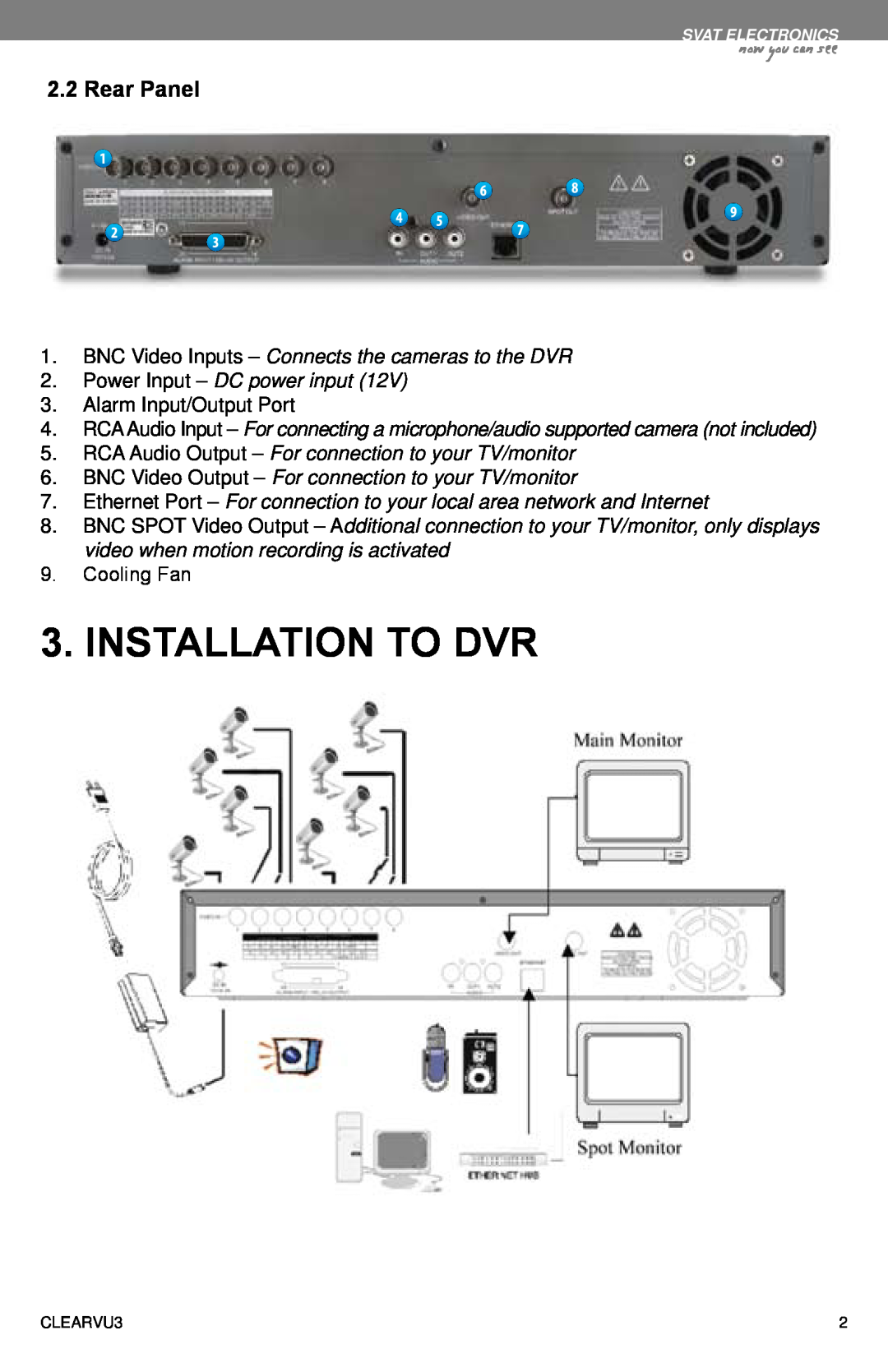 SVAT Electronics CLEARVU3 instruction manual Installation To Dvr, Rear Panel, now you can see 