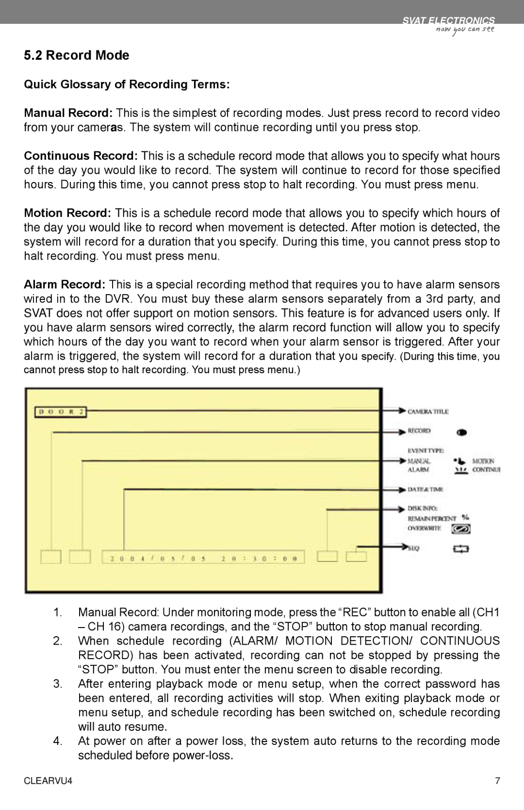 SVAT Electronics CLEARVU4 instruction manual Record Mode, Quick Glossary of Recording Terms 