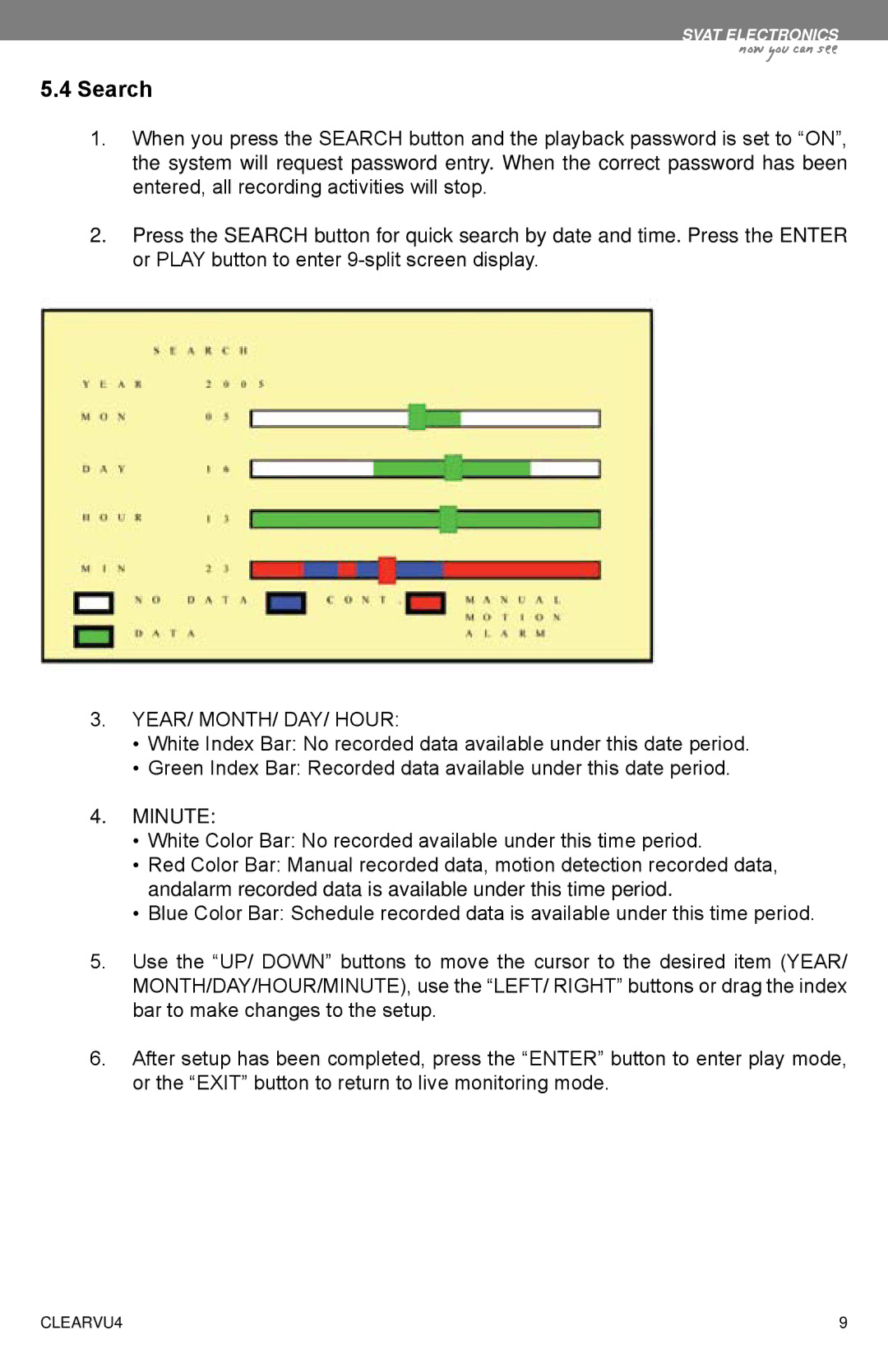 SVAT Electronics CLEARVU4 instruction manual Search, YEAR/ MONTH/ DAY/ Hour, Minute 