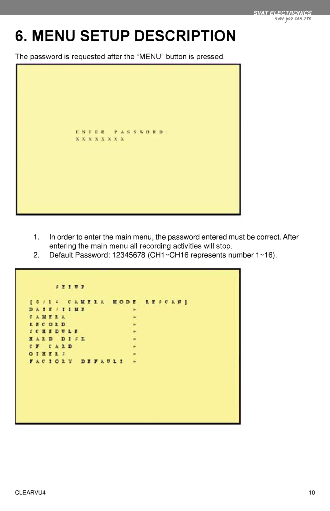 SVAT Electronics CLEARVU4 instruction manual Menu Setup Description 