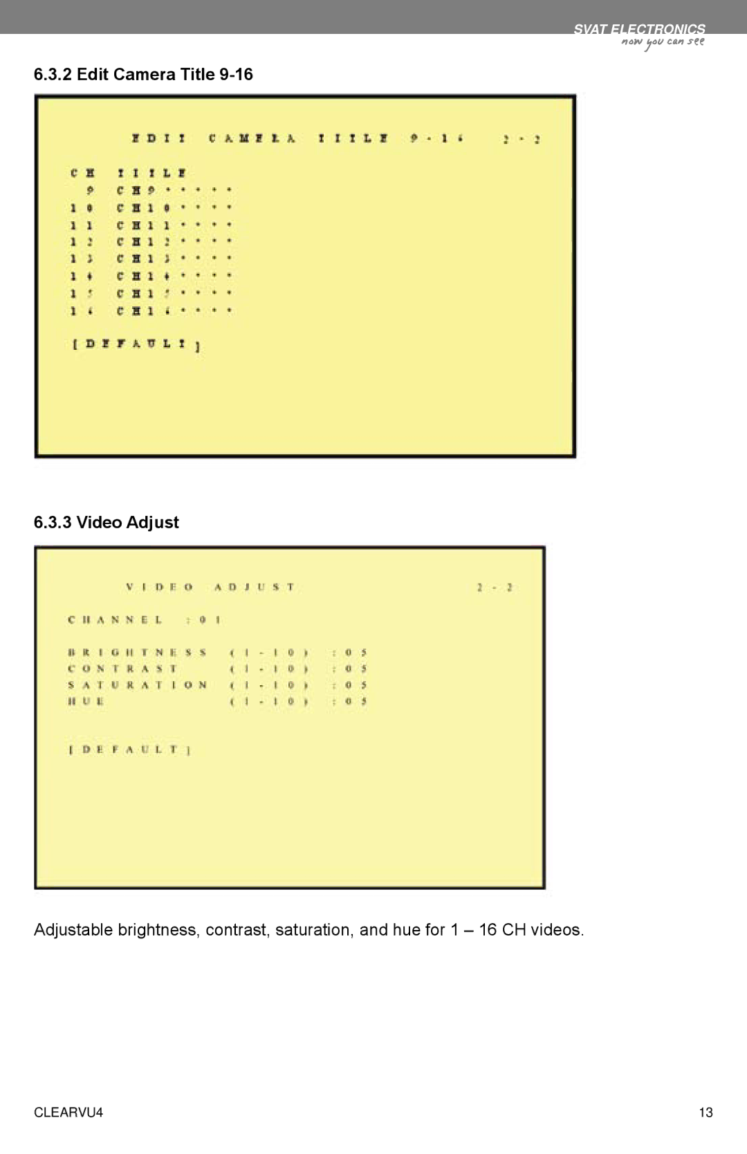 SVAT Electronics CLEARVU4 instruction manual Video Adjust 