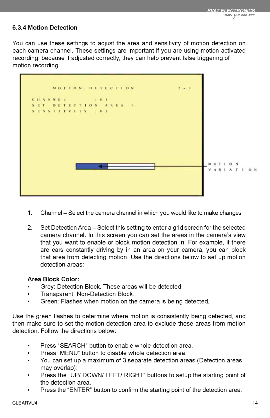 SVAT Electronics CLEARVU4 instruction manual Motion Detection, Area Block Color 