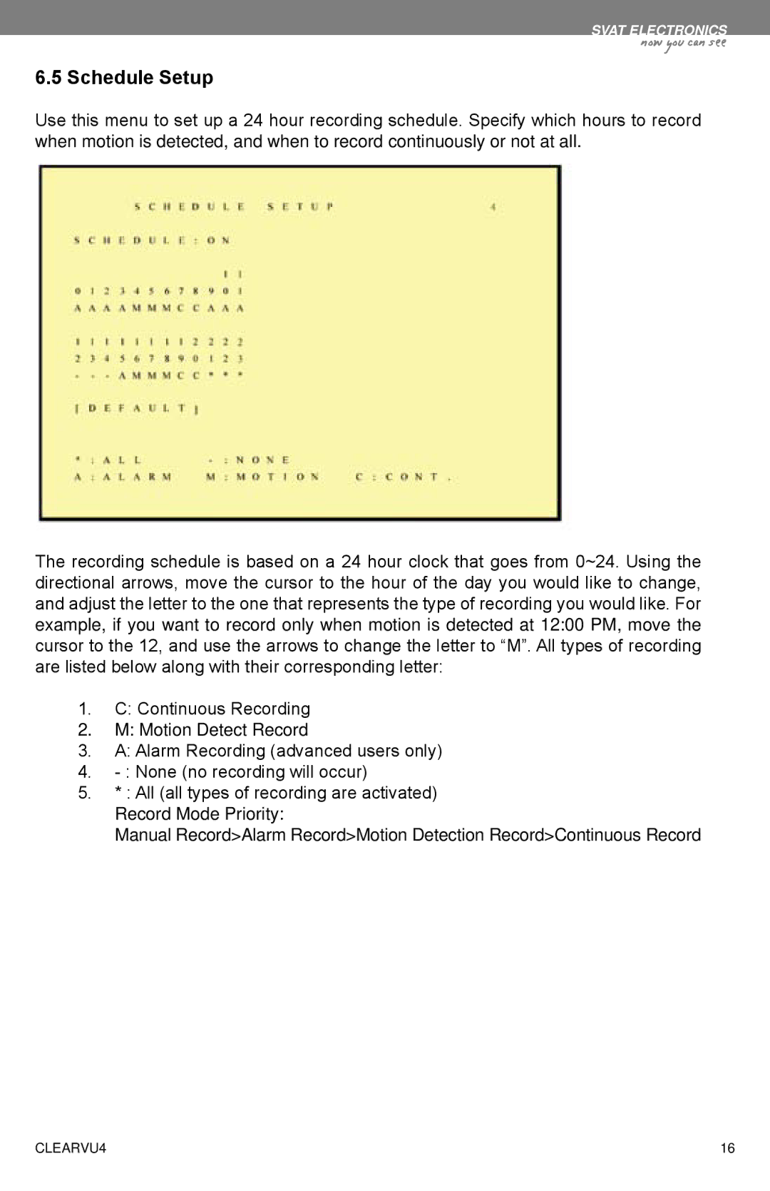 SVAT Electronics CLEARVU4 instruction manual Schedule Setup 