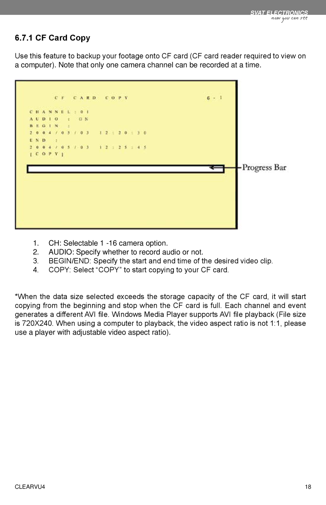 SVAT Electronics CLEARVU4 instruction manual CF Card Copy 
