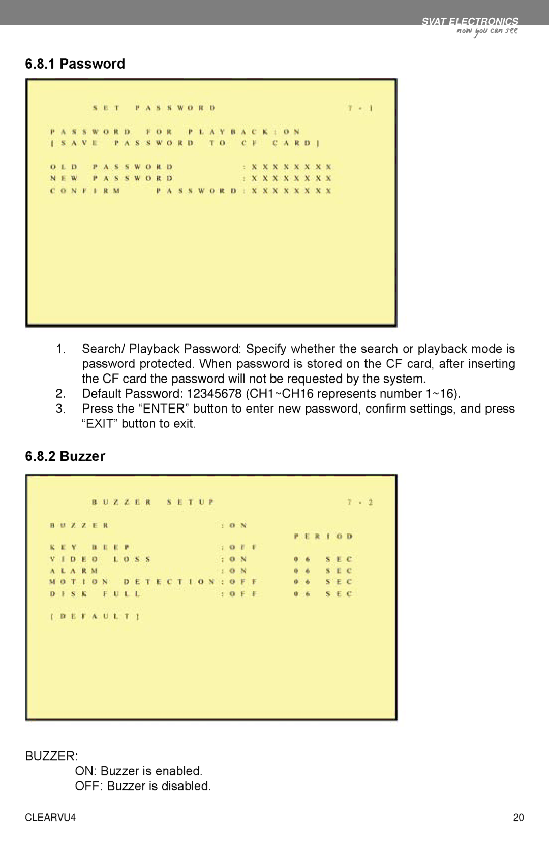 SVAT Electronics CLEARVU4 instruction manual Password, Buzzer 