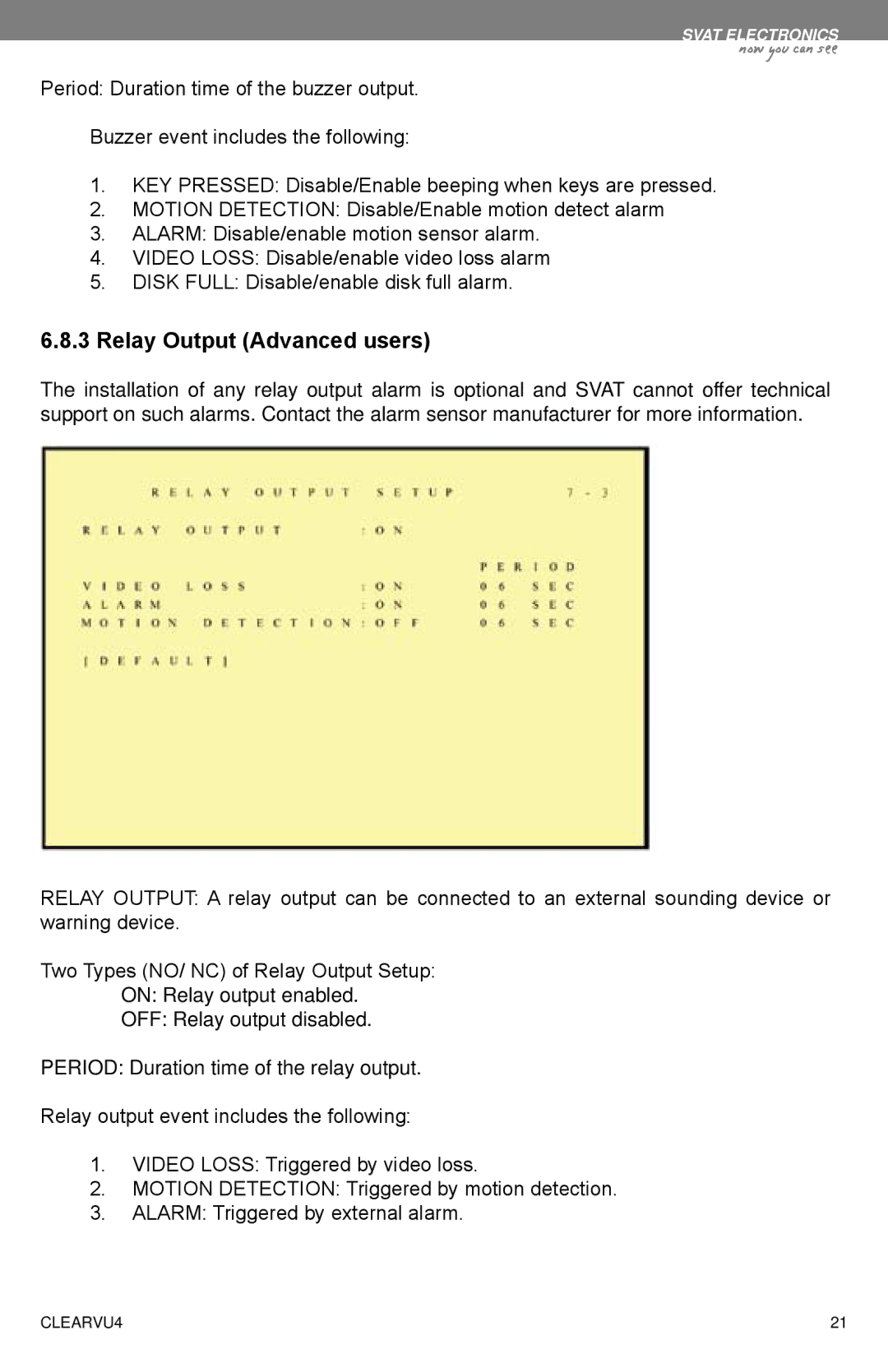 SVAT Electronics CLEARVU4 instruction manual Relay Output Advanced users 