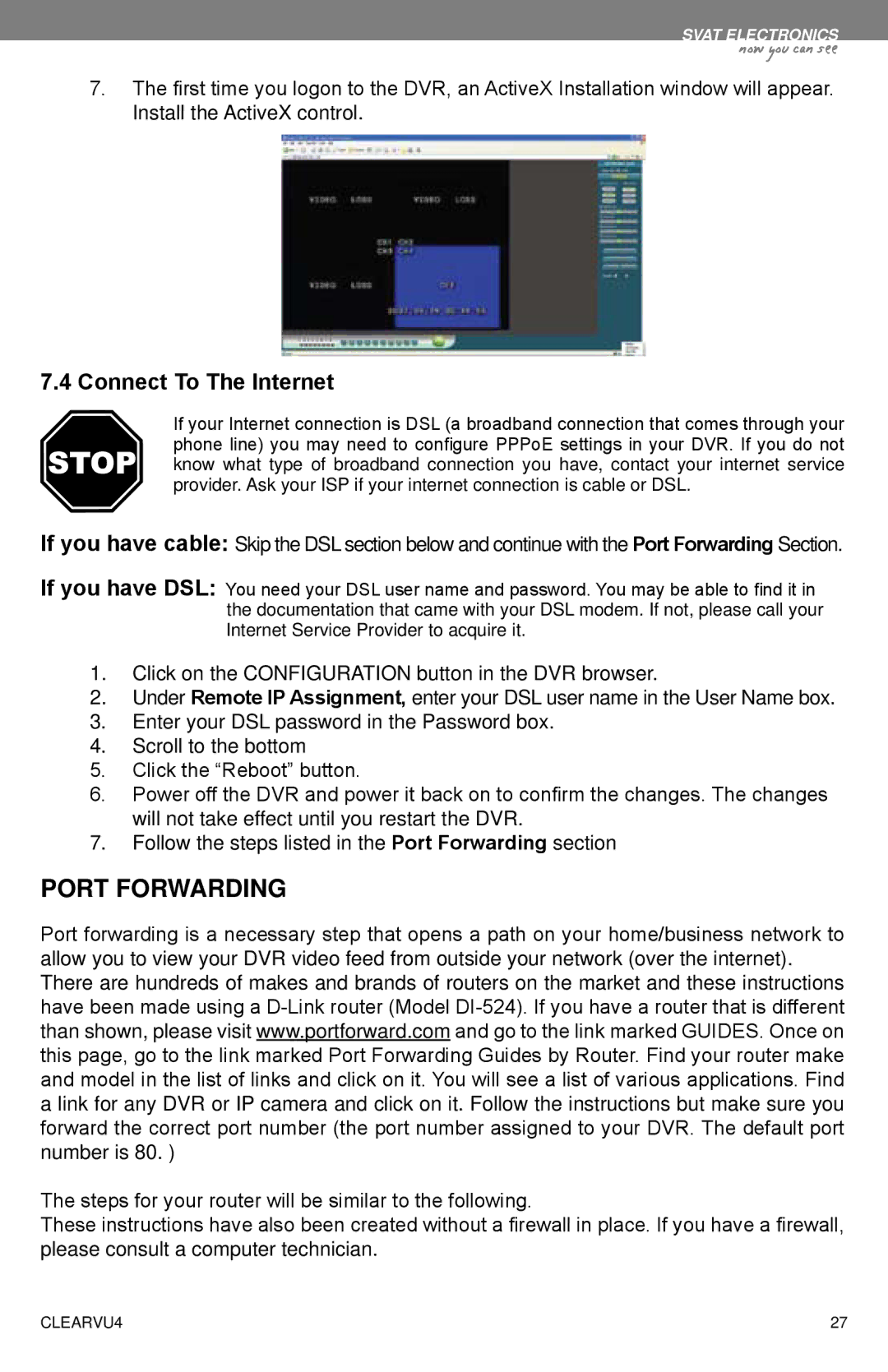 SVAT Electronics CLEARVU4 instruction manual Port Forwarding, Connect To The Internet 