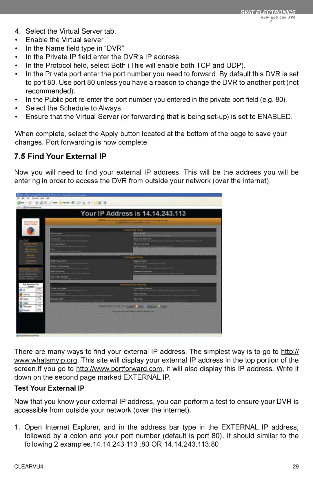 SVAT Electronics CLEARVU4 instruction manual Find Your External IP, Test Your External IP 