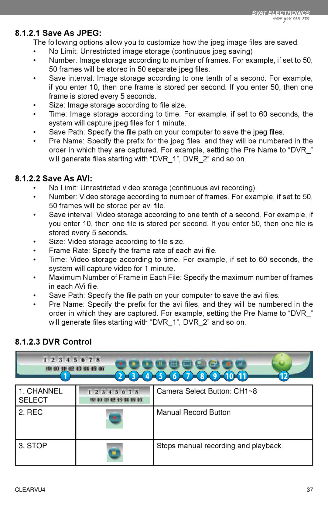 SVAT Electronics CLEARVU4 instruction manual Save As Jpeg, Save As AVI, DVR Control 