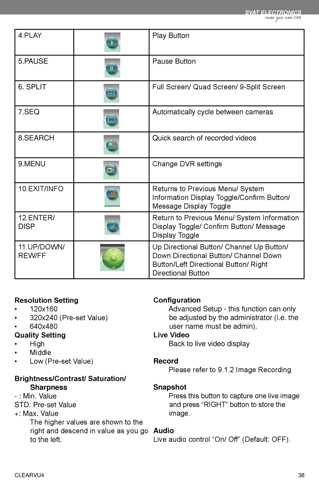 SVAT Electronics CLEARVU4 Resolution Setting, Quality Setting, Brightness/Contrast/ Saturation Sharpness, Configuration 