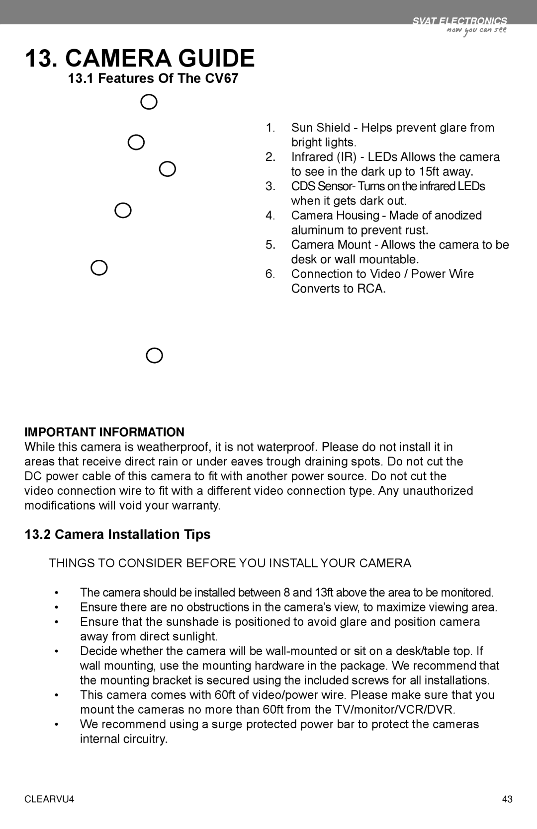 SVAT Electronics CLEARVU4 instruction manual Camera Guide, Features Of The CV67, Camera Installation Tips 