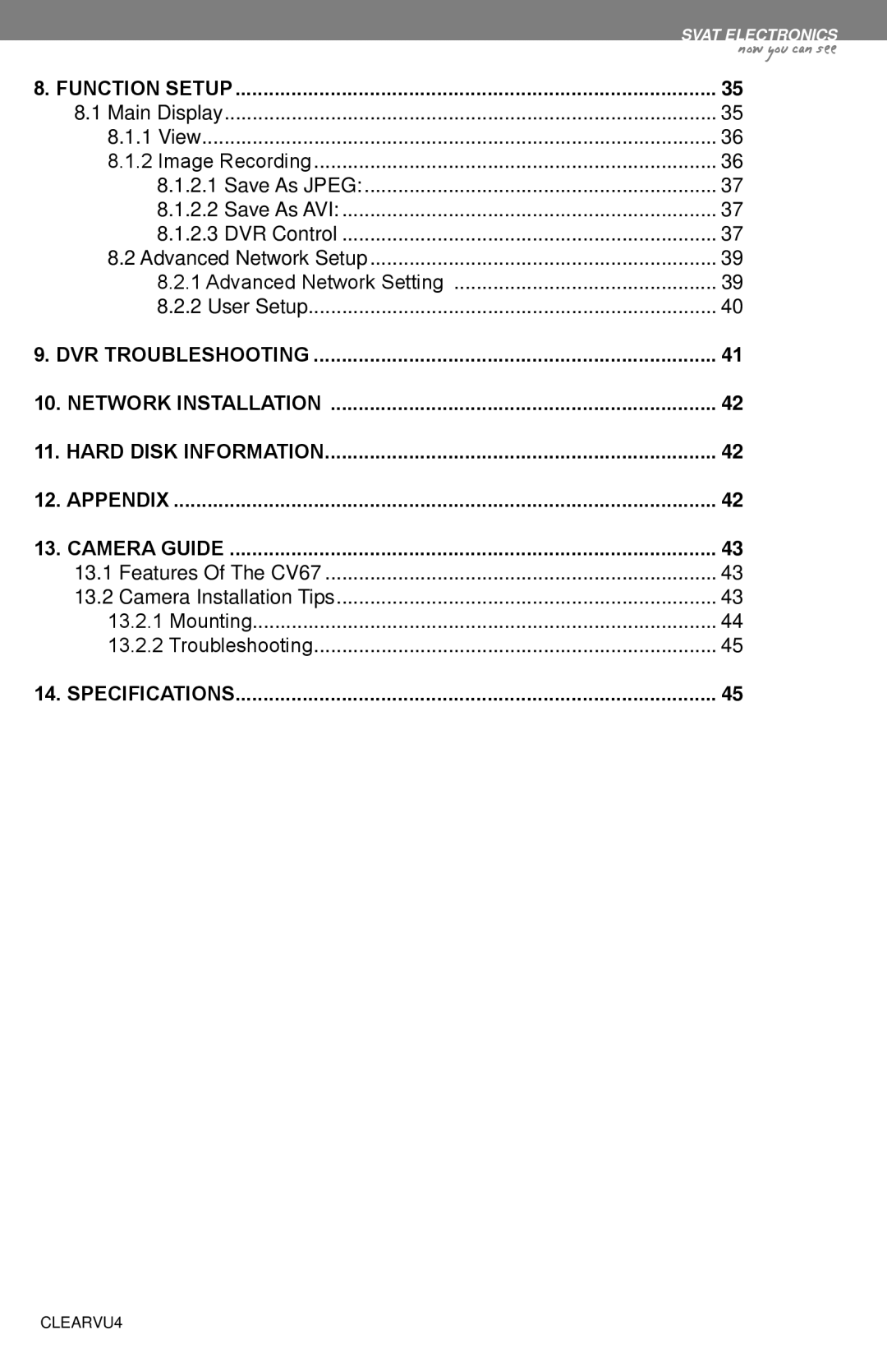 SVAT Electronics CLEARVU4 instruction manual Specifications 