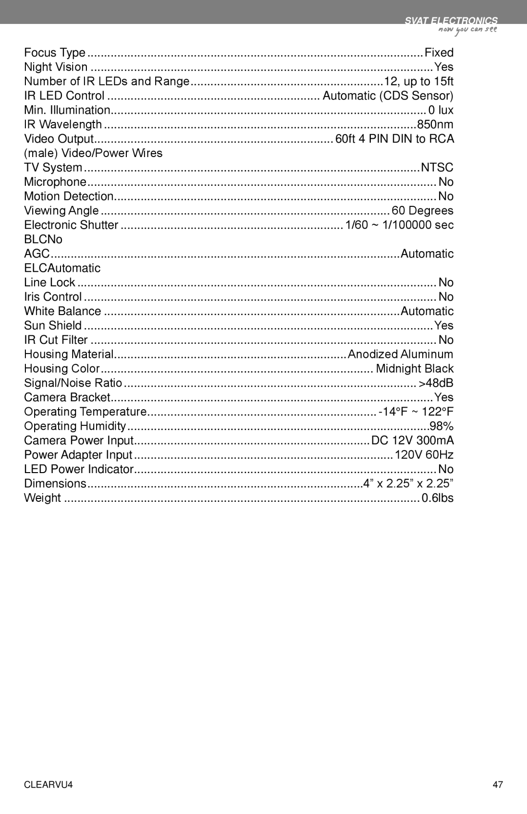 SVAT Electronics CLEARVU4 instruction manual Ntsc 