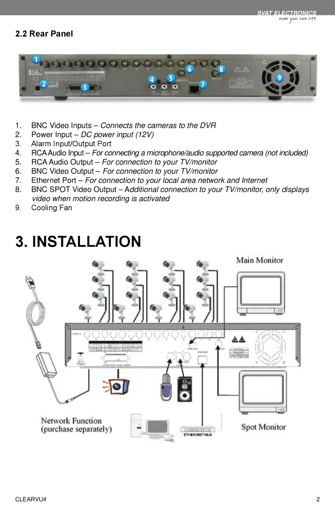 SVAT Electronics CLEARVU4 instruction manual Installation, Rear Panel 