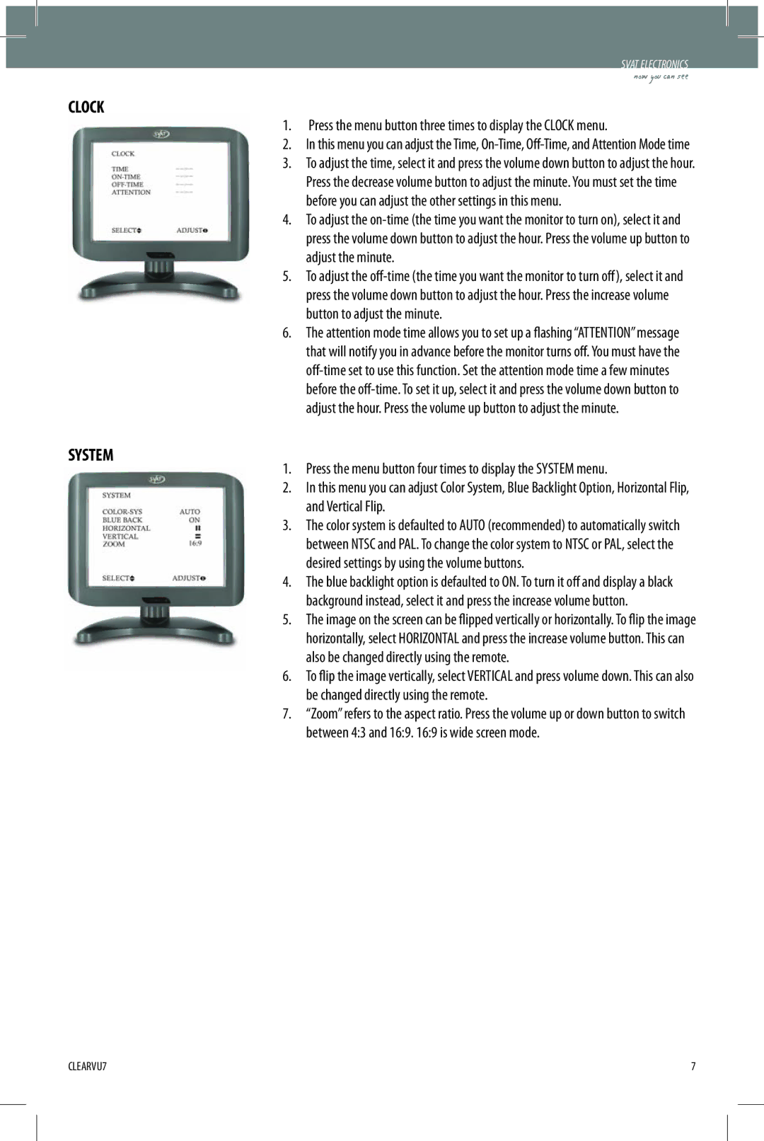 SVAT Electronics CLEARVU7 instruction manual Clock, System 