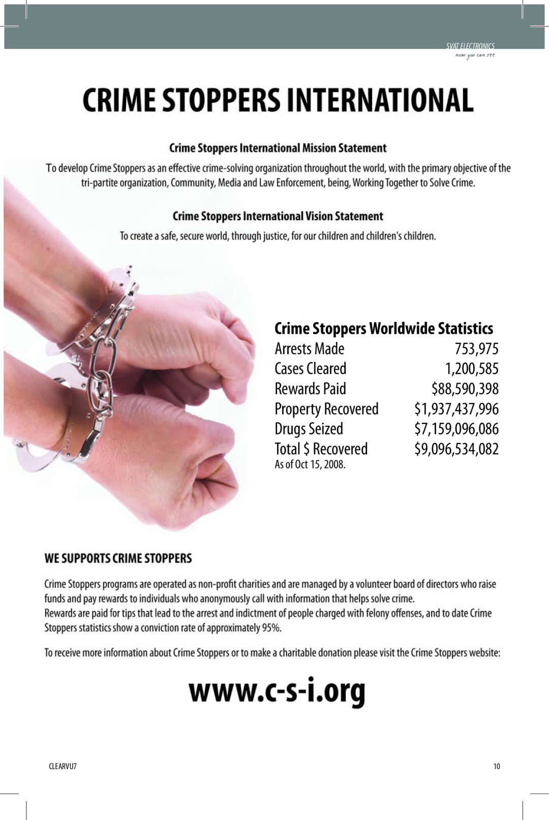 SVAT Electronics CLEARVU7 instruction manual Arrests Made 753,975 Cases Cleared 200,585 Rewards Paid 