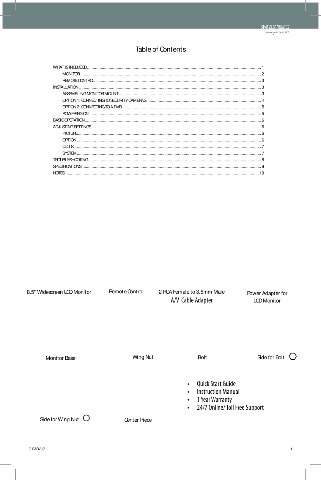 SVAT Electronics CLEARVU7 instruction manual What is Included, Table of Contents 