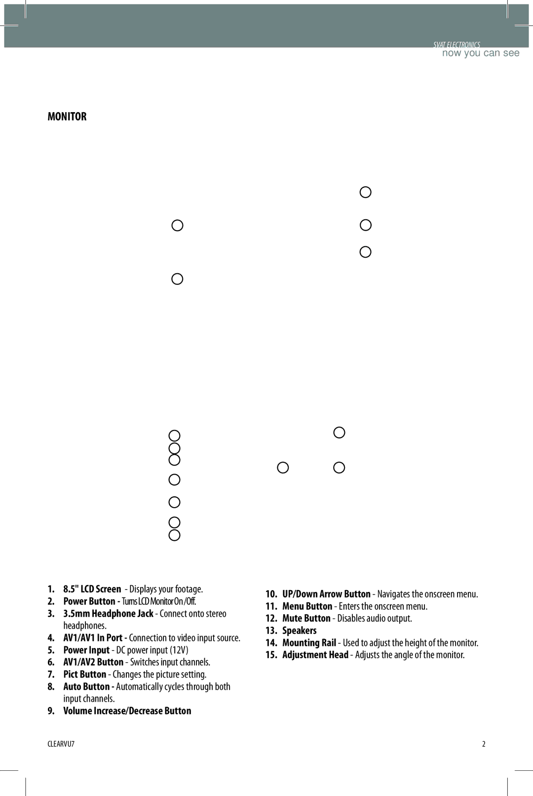 SVAT Electronics CLEARVU7 instruction manual Power Button TurnsLCDMonitorOn/Off, Power Input DC power input 