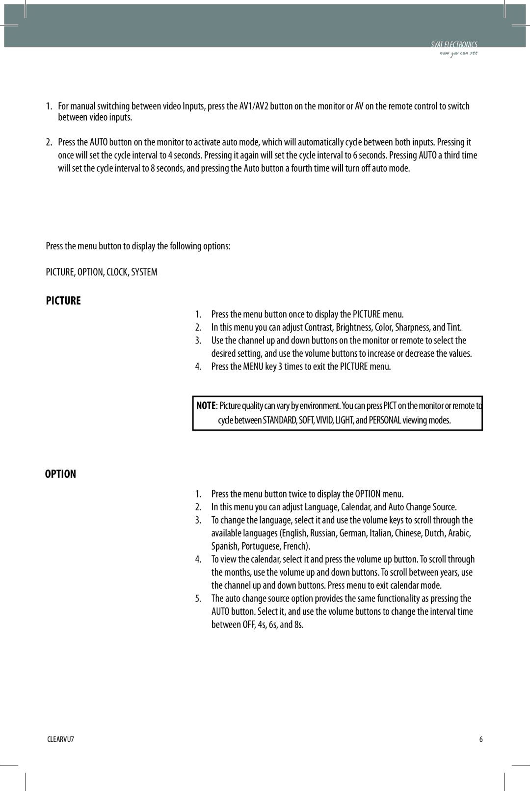 SVAT Electronics CLEARVU7 instruction manual Basic Operation, Adjusting Settings, Picture, Option 