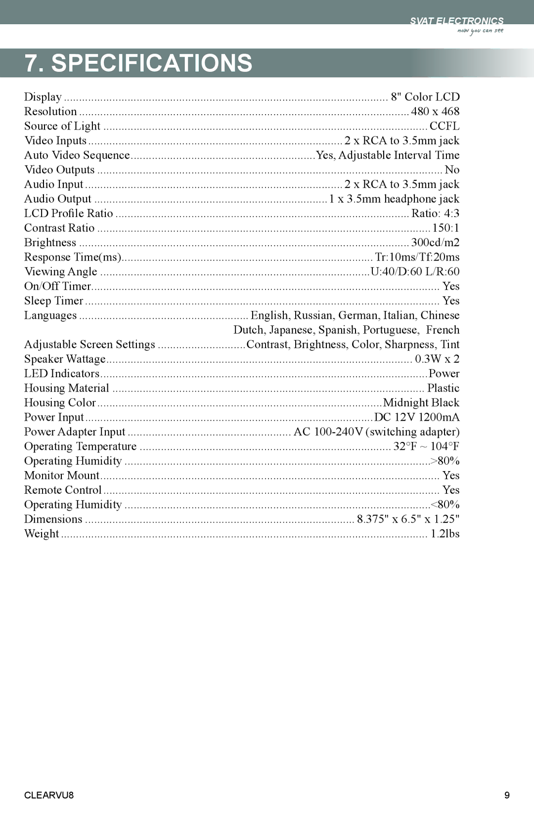 SVAT Electronics CLEARVU8 instruction manual Specifications, Ccfl 