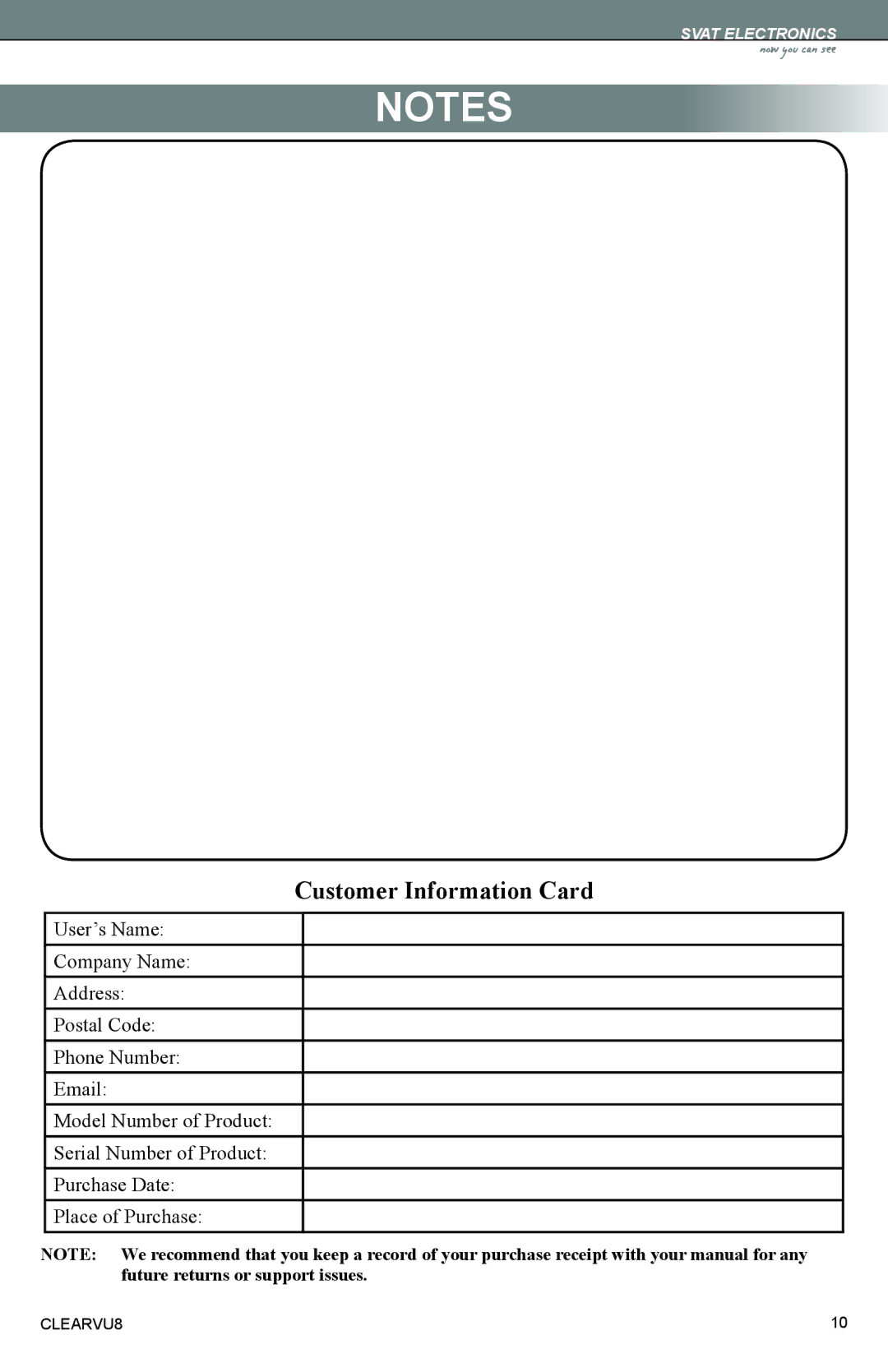 SVAT Electronics CLEARVU8 instruction manual Customer Information Card 