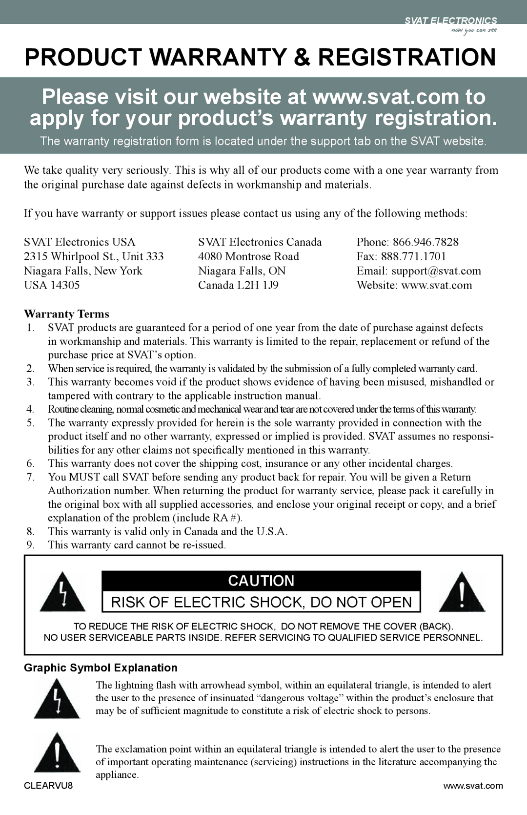 SVAT Electronics CLEARVU8 instruction manual Product Warranty & Registration 