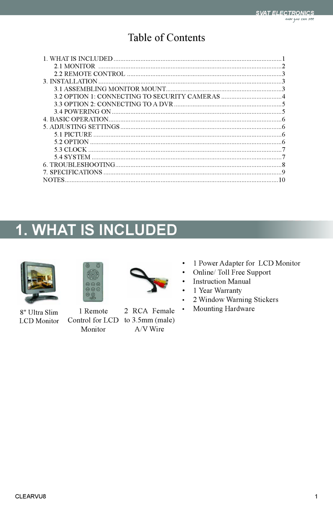 SVAT Electronics CLEARVU8 instruction manual What is Included, Table of Contents 