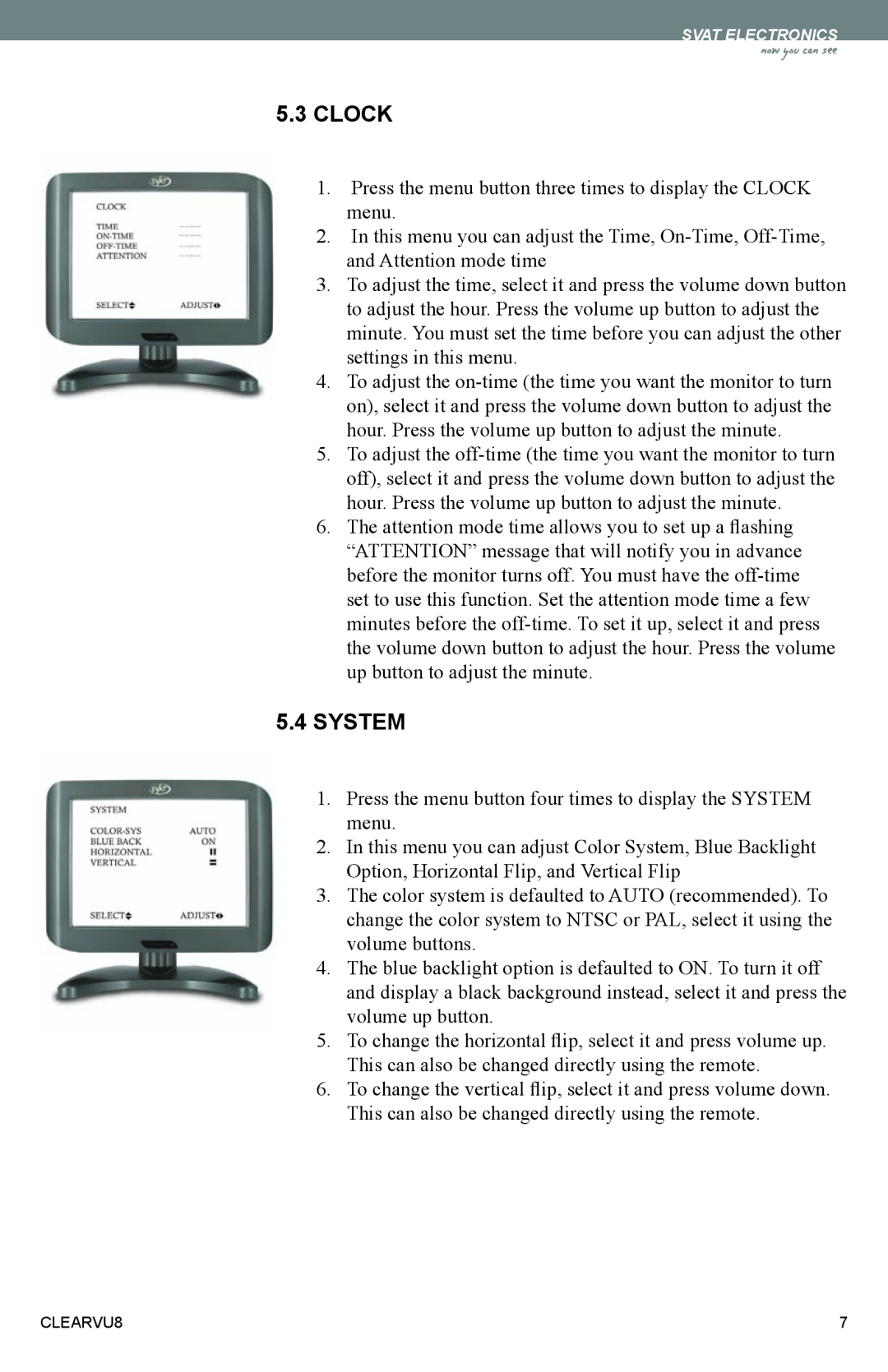 SVAT Electronics CLEARVU8 instruction manual Clock, System 