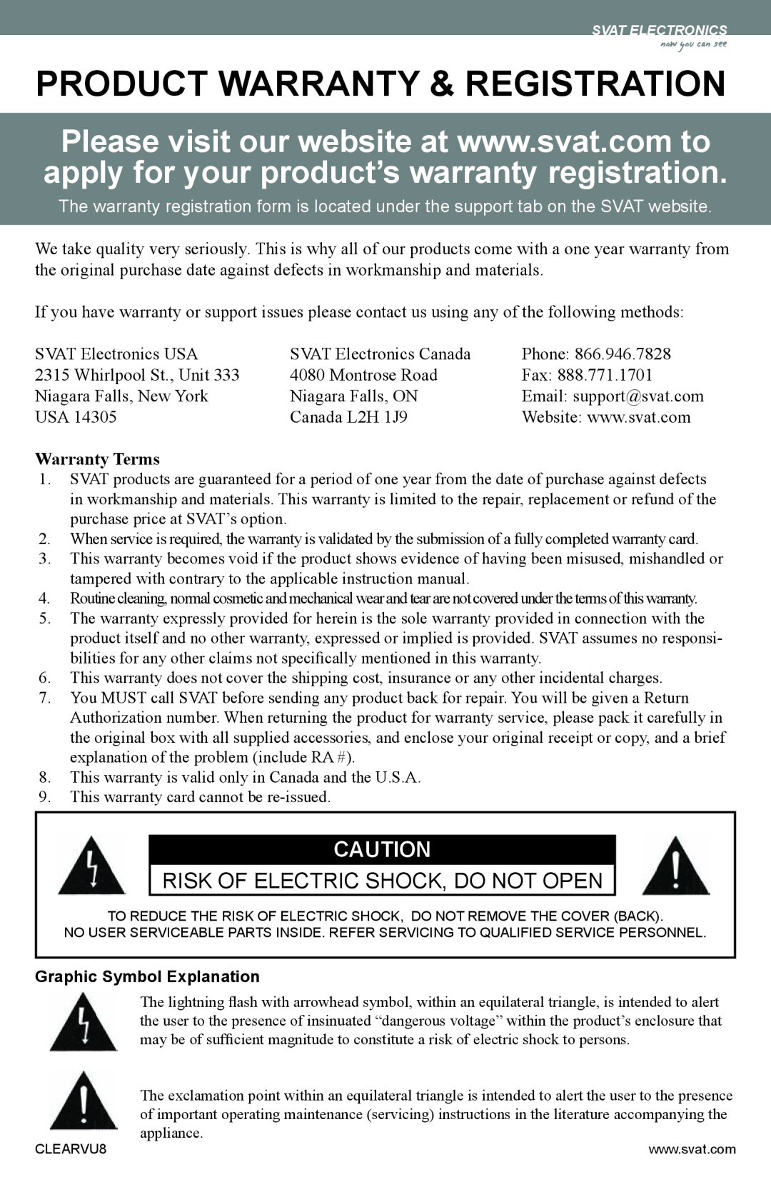 SVAT Electronics CLEARVU8 instruction manual Product Warranty & Registration, Risk Of Electric Shock, Do Not Open 