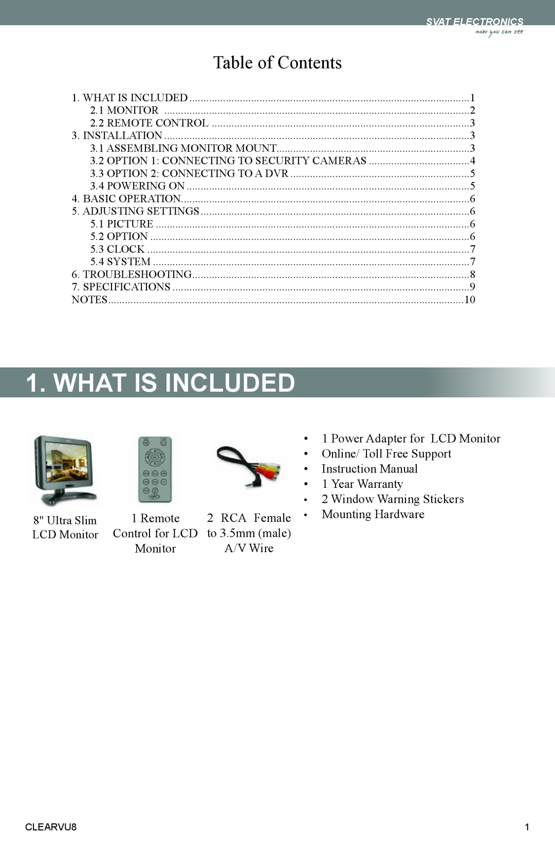 SVAT Electronics CLEARVU8 instruction manual What Is Included, Table of Contents 
