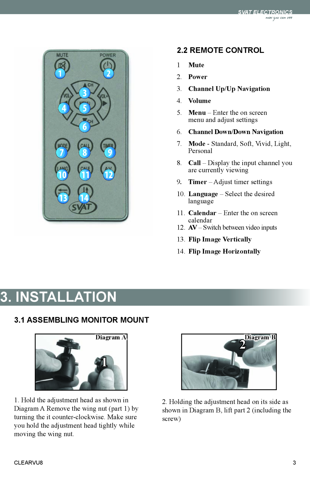 SVAT Electronics CLEARVU8 instruction manual Installation, Remote Control, Assembling Monitor Mount 